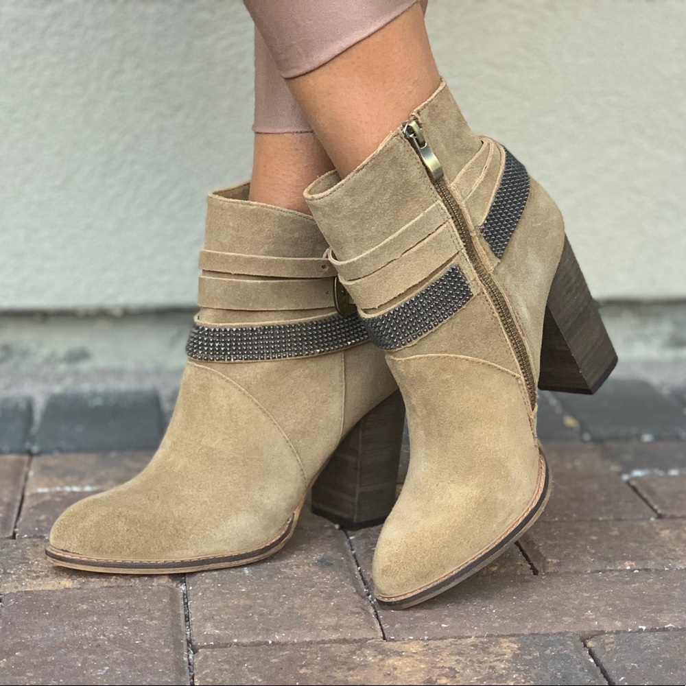 Tan Genuine Suede Buckle Embellished Ankle Booties - Picture 6 of 8
